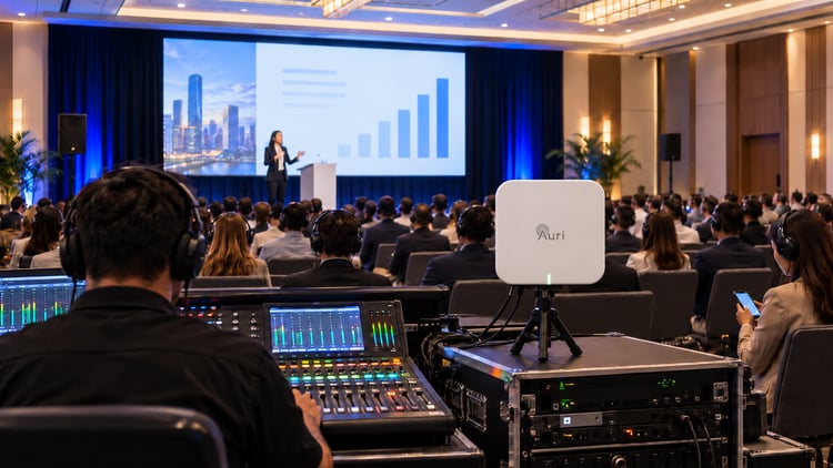 Auri transmitter beside an audio mixing console at a conference, with a keynote speaker and attendees wearing headphones.