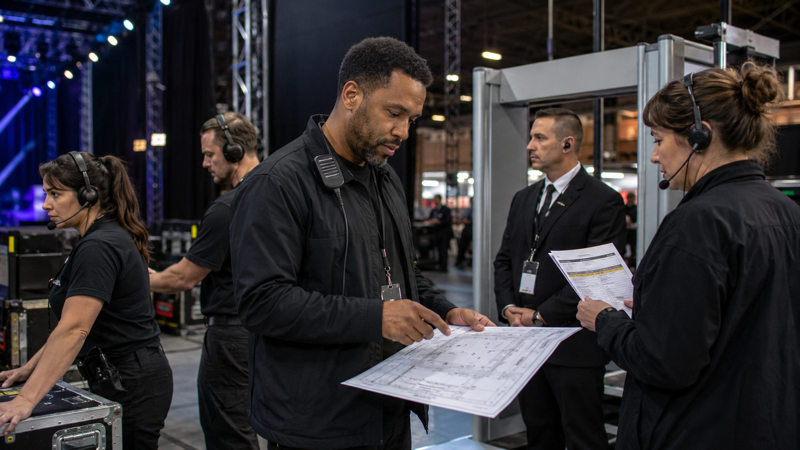 Behind-the-scenes event operations team coordinating in a large venue, with staff using radio accessories including a shoulder speaker mic, discreet earpiece and communication headsets while reviewing floor plans, schedules and event equipment.