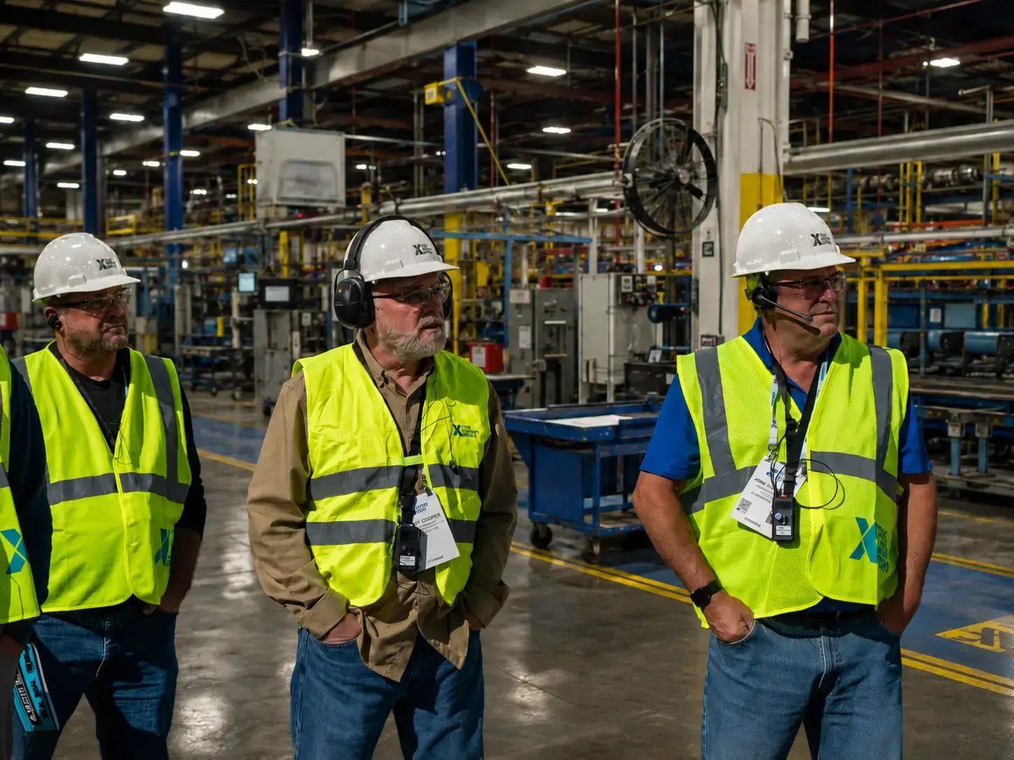 Three manufacturing plant visitors wearing high-visibility vests, hard hats and communication devices stand on a factory floor, with the center visitor wearing over-ear NRR hearing protection.
