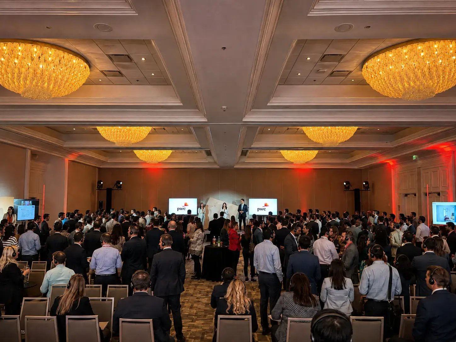 A large conference audience wearing wireless headsets listens to three simultaneous presenters positioned across the front of an elegant ballroom, with attendees divided between the left, center, and right presentation screens.