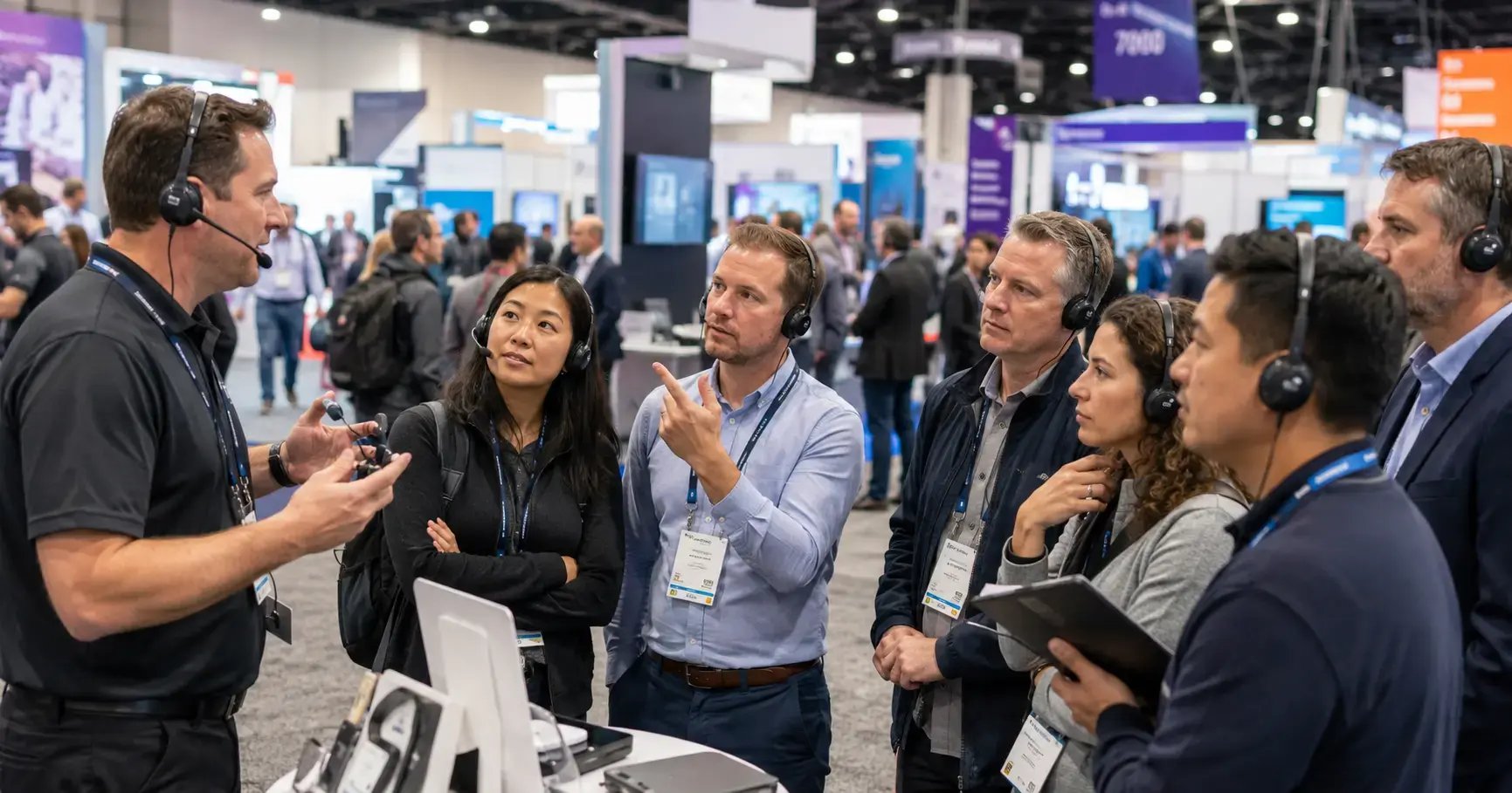 Event attendees wearing wireless headsets listen and participate in an educational presentation on a busy trade show floor.