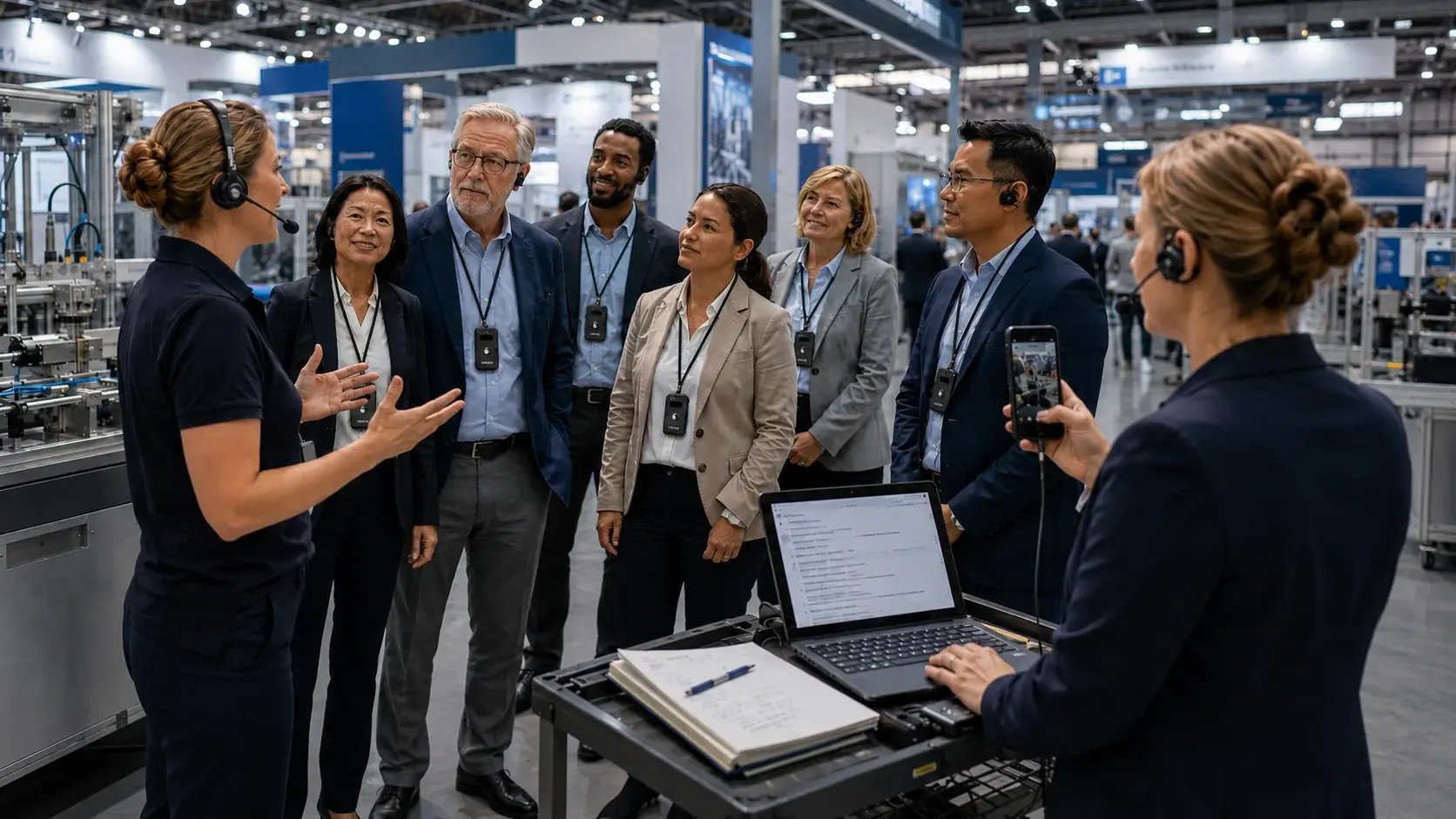 Professional presenter wearing a headset leads an industrial trade show demonstration while attendees listen through lanyard audio devices, with a staff member recording on a phone and laptop nearby.