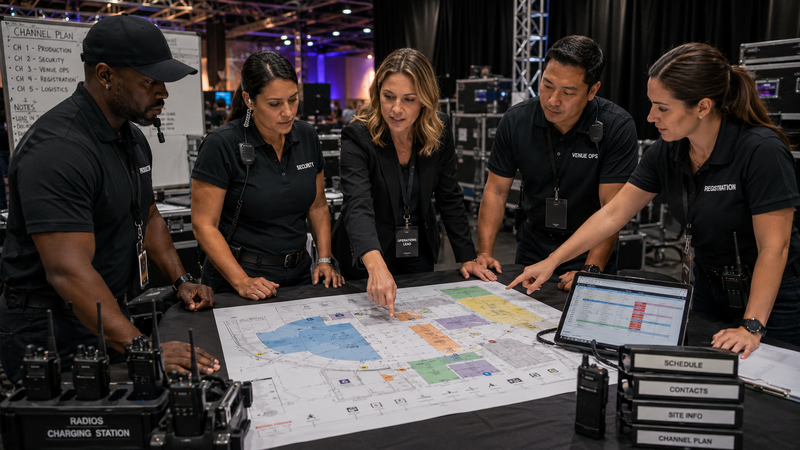Event operations team reviews a color-coded venue floor plan in a backstage command area, with radios, charging stations, schedules and channel planning materials organized for a large event.