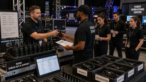 Event staff check out two-way radios at a backstage support station with labeled equipment bins, charging trays, checklists and a communication plan before a live event.