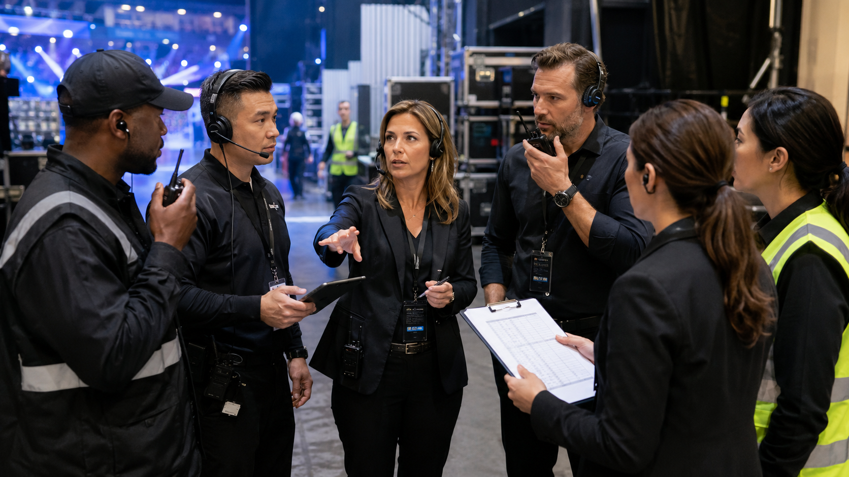 Event operations team members wearing headsets and using two-way radios coordinate backstage at a large venue, with security, production and logistics staff gathered around a tablet and clipboard.