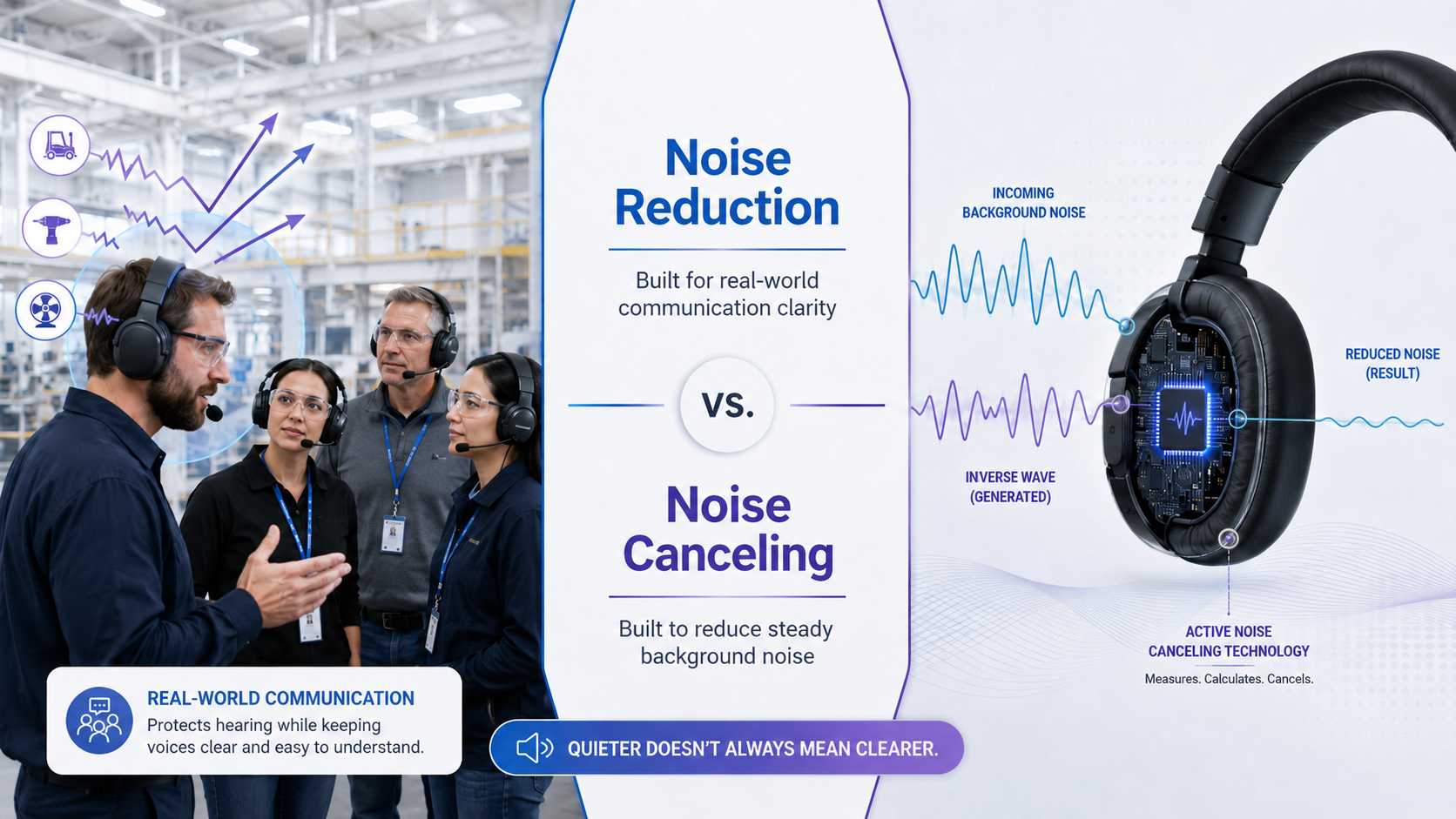 Split-screen graphic comparing noise reduction and noise canceling, with a manufacturing tour group wearing headsets on one side and a technical headset illustration showing active noise canceling sound waves on the other.
