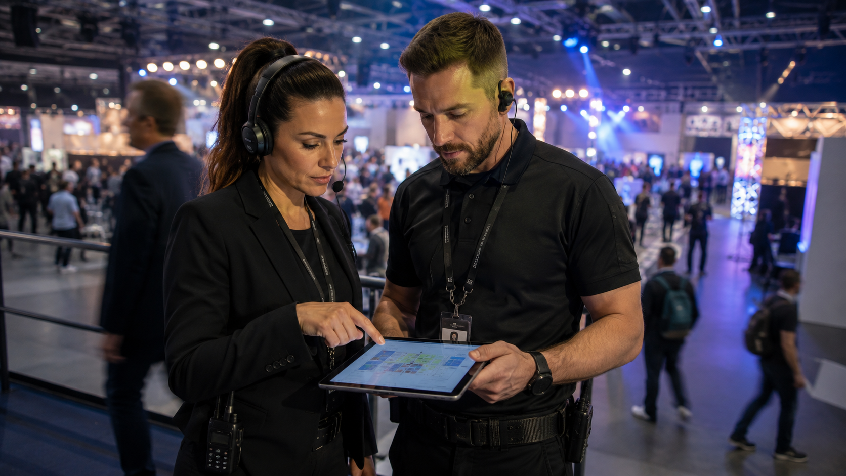 Event operations lead and security supervisor wearing communication headsets review a floor map on a tablet in a busy convention expo hall with attendees, booths, and production activity in the background.