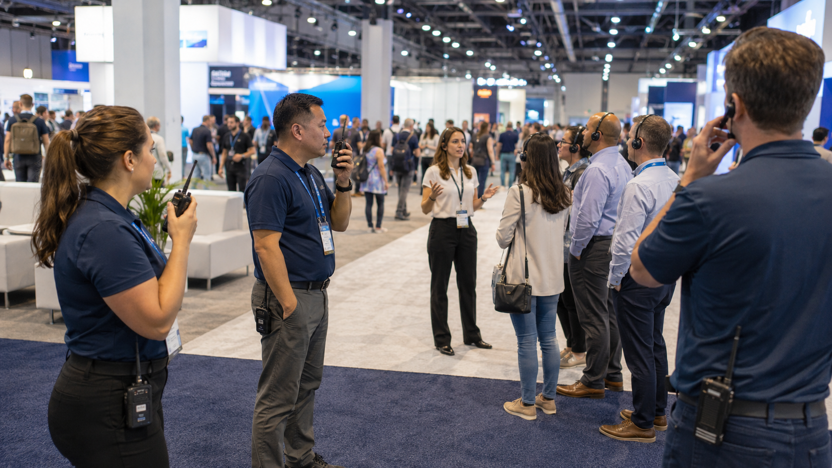 Wide-angle image of a busy convention center or expo floor showing multiple event communication tools in use at once. Event staff in the foreground use two-way radios, while a presenter speaks to a small group wearing listening headsets, with attendees and exhibit booths visible throughout the background.