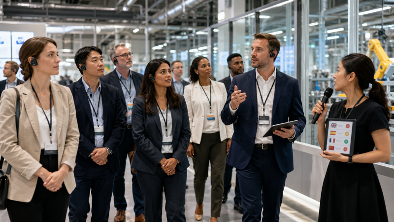 Diverse group of international guests wearing wireless headsets follows a guide through a modern industrial facility while an interpreter provides live translation using a microphone and language channel guide.