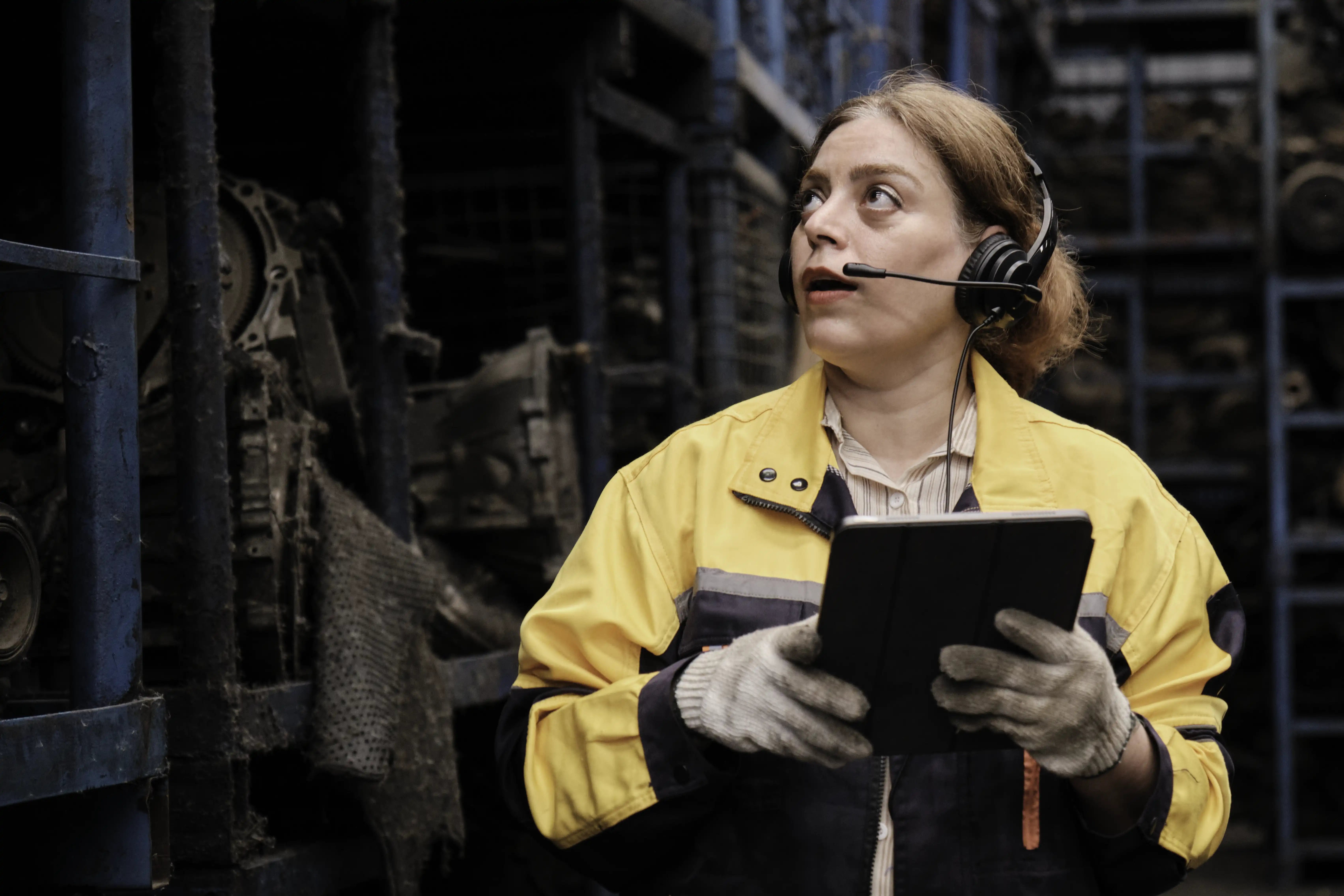 Industrial worker wears a communication headset and reviews notes on a tablet in a parts aisle.