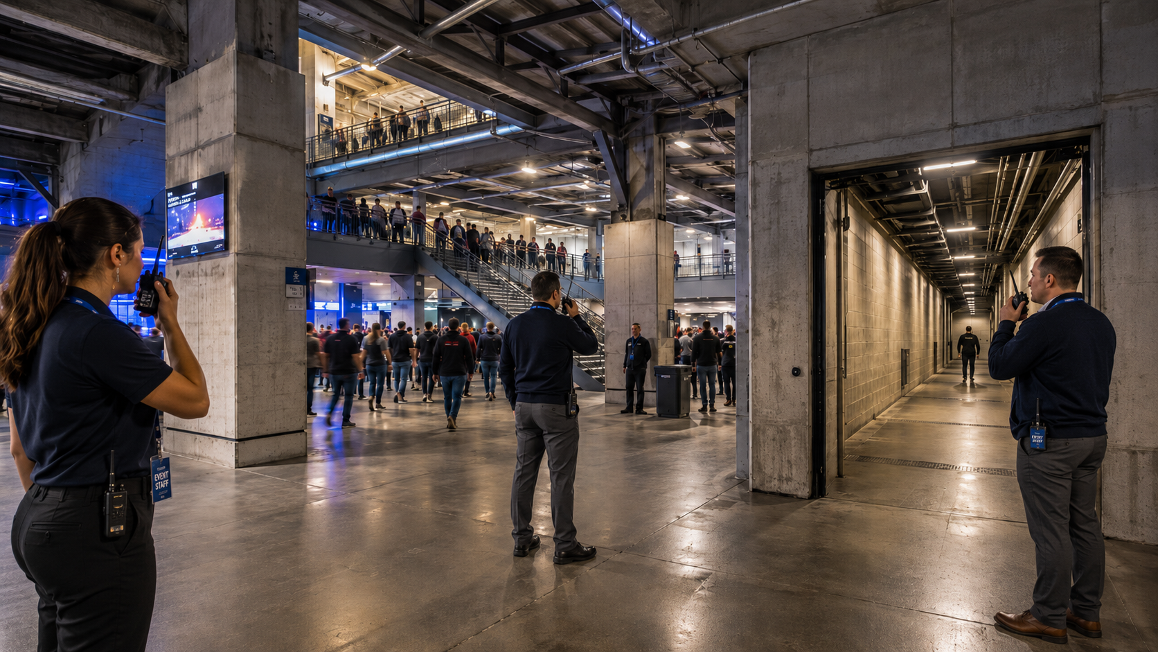 Event operations team using two-way radios inside a large convention center to test coverage and coordinate communication across the venue.