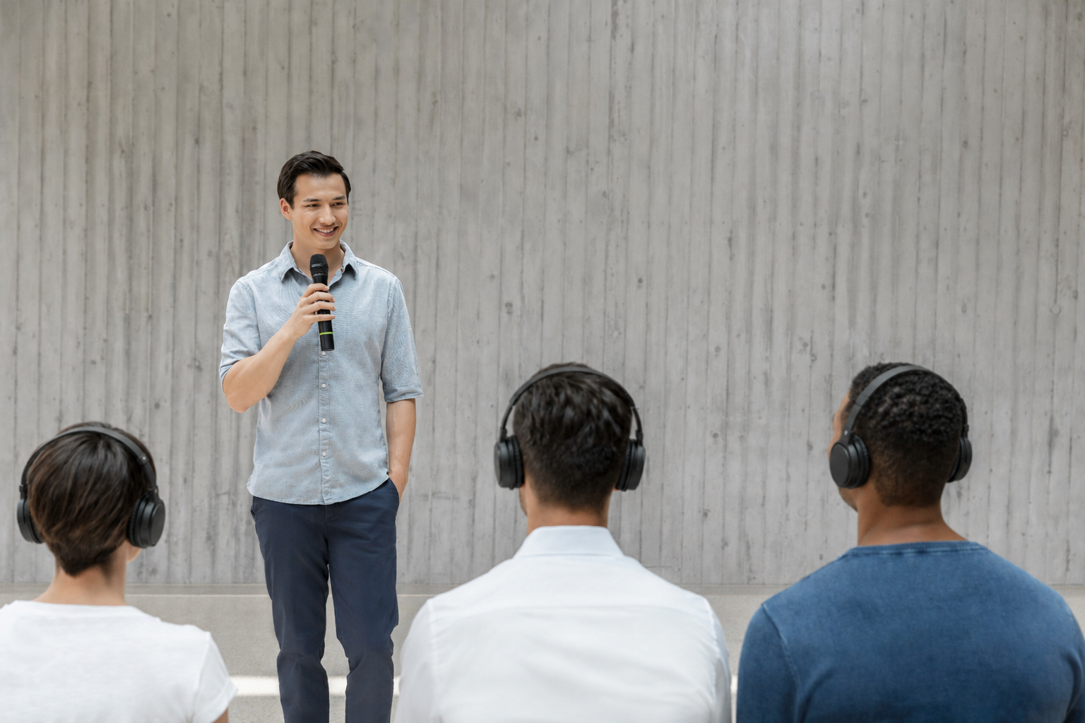 Presenter speaking into a handheld microphone while three audience members listen with over-ear headphones in a modern workshop setting.