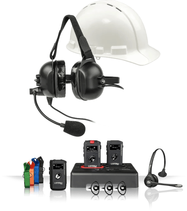 Plant tour audio equipment including handsets, headsets, earpieces,  and lanyards