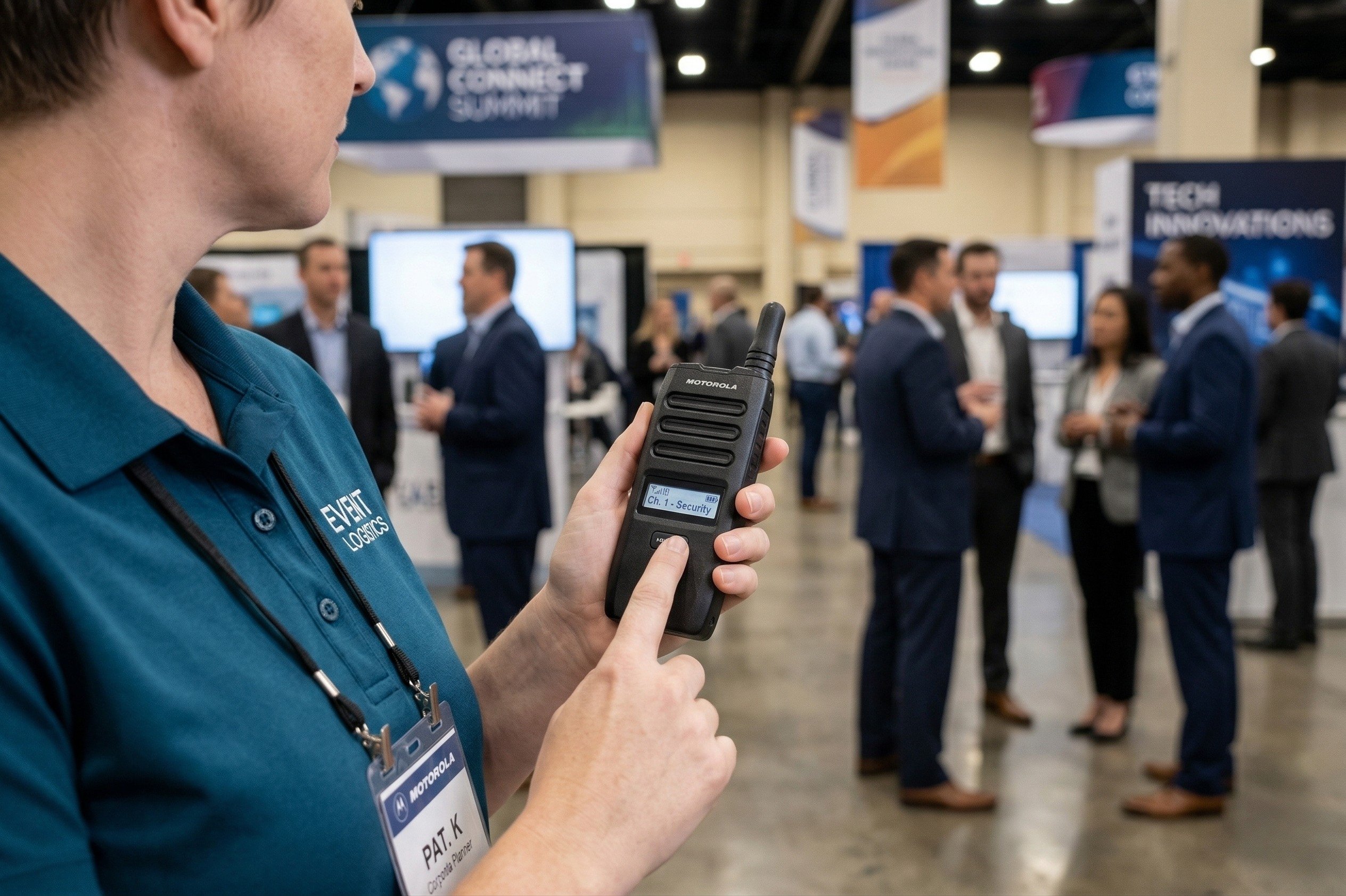 A close-up photograph taken at eye level shows a person wearing a teal polo shirt with the words “EVENT LOGISTICS” printed in white on the right side holding a Motorola TLK-110