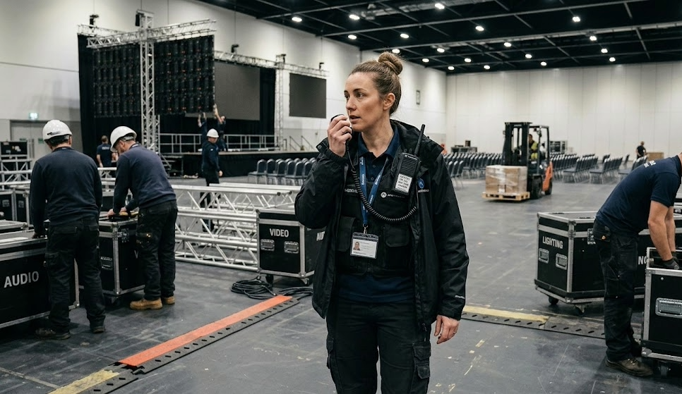 An event operations lead stands in the center of a large, bustling convention hall during a venue setup.